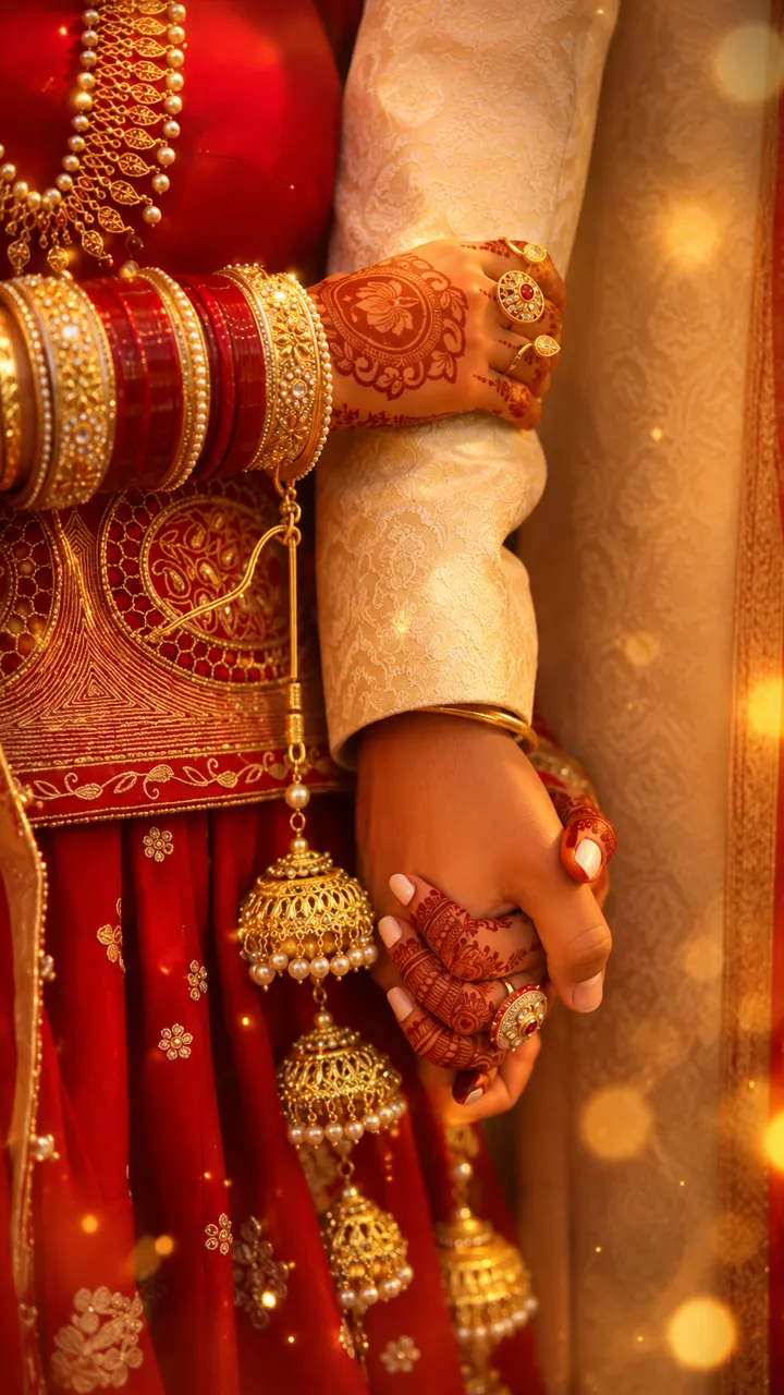 Nikhil and Sanya holding hands in wedding attire